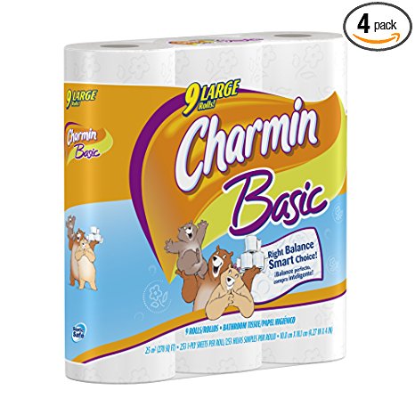 Charmin Basic 9 Large Rolls, 253 1-Ply Sheets per Roll (Pack of 4)