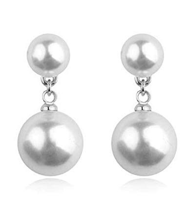 2018 Mothers Day JNA Collection 18K White Gold Plated Two Simulated Pearls Signature Bridal Fashion Drop Dangle Comfort-fit Eco-Friendly Earring for Ladies Girls Women Gifts