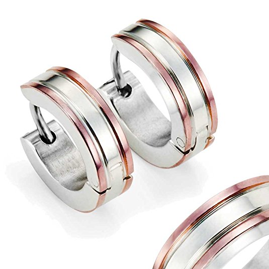 Men's Stainless Steel Two Tone Hoop Huggie Earrings with Coffee IP Edges 10mm