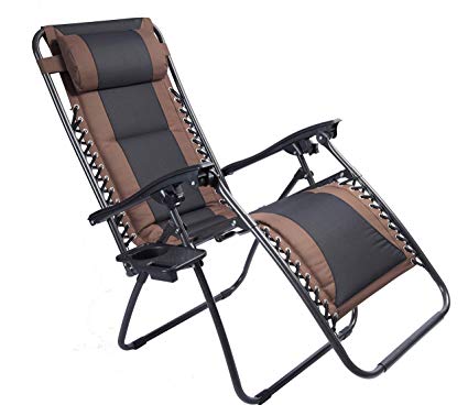 LUCKYBERRY Padded Zero Gravity Lounge Chair Patio Foldable Adjustable Reclining with Cup Holder for Outdoor Yard Porch Brown