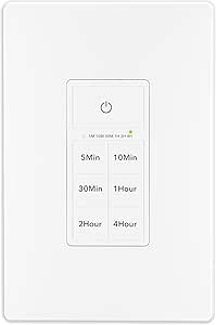 BN-LINK Countdown Timer Switch for Exhaust Fan, Bathroom Fan Light Switch Timer Indoor with Push Button 5-10-30-60mins, 2-4hours, Wall Timer Light Switch Neutral Wire Required, Wall Plate Included