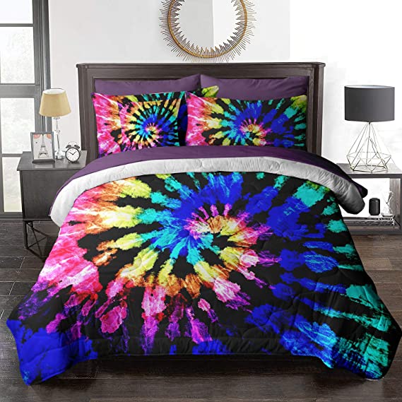 BlessLiving Boho Bed in A Bag King Tie Dye Comforter Set 8 Pieces Blue Purple Reversible Bedding Set (1 Comforter, 2 Pillowcases, 2 Pillow Shams, 1 Flat Sheet, 1 Fitted Sheet, 1 Cushion Cover)