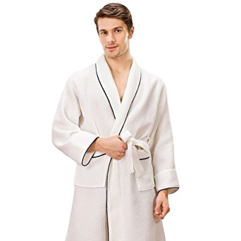 J.cotton Cotton Bathrobe Kimono Shawl-Collar Robe with Waffle Trim for Men