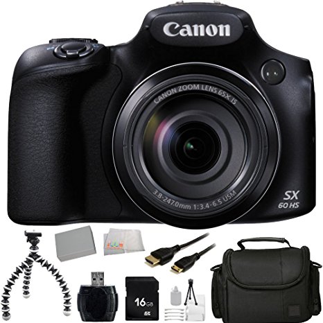 Canon PowerShot SX60 HS Digital Camera   16GB Bundle 10PC Accessory Kit. Includes 16GB Memory Card   High Speed Memory Card Reader   Extended Life Replacement Battery (NP-10L)   Mini HDMI Cable   Carrying Case   Flexible Gripster Tripod   Starter Kit   Microfiber Cleaning Cloth