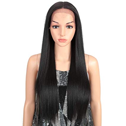 Style Icon Lace Front Wigs 28" Long Straight Synthetic Hair Wigs with Baby Hair Half Hand Tied 130% Density Wigs with Heat Resistant Fiber (28" Middle Part, 2)