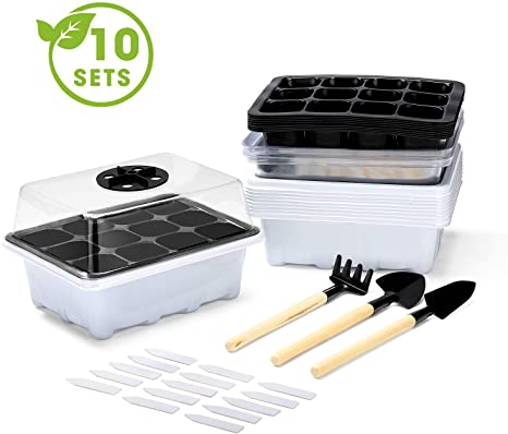 Delxo 10-Pack Seed Trays Seedling Starter Tray (12 Cells per Tray) Humidity Adjustable Plant Germination Kit Garden Seed Starting Tray with Dome and Base Plus Plant Tags Hand Tool Kit