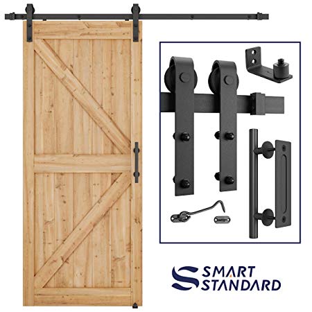 6.6 FT Heavy Duty Sturdy Sliding Barn Door Hardware Kit, 6.6ft Single Rail, Black, (Whole Set Includes 1x Pull Handle Set & 1x Floor Guide & 1x Latch Lock) Fit 36"-40" Wide Door Panel (J Shape Hanger)