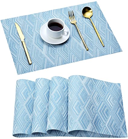 RINO Blue Elegant Placemats Set of 4 for Dining Table Washable, Woven Vinyl Placemat Non-Slip Heat Resistant Kitchen Table Mats Easy to Clean 12" x 18"