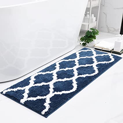 Olanly Luxury Bathroom Runner Rug Mat, Soft and Absorbent Microfiber Bath Rugs, Non-Slip Shaggy Bath Carpet, Machine Wash Dry, Bath Mats for Bathroom Floor, Tub and Shower, 17x47, Navy