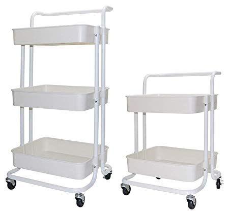 Asunflower Rolling Cart White Trolley 3 Tier Storage Shelf with Wheels Adjustable Service Cart for Kitchen/Bathroom