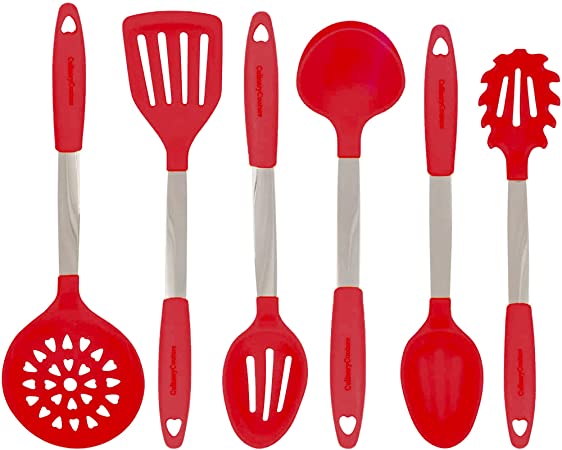 Culinary Couture Red Cooking Utensils Set - Stainless Steel & Silicone Heat Resistant Professional Cooking Tools - Spatula, Mixing & Slotted Spoon, Ladle, Pasta Fork Server, Drainer - Bonus Ebook
