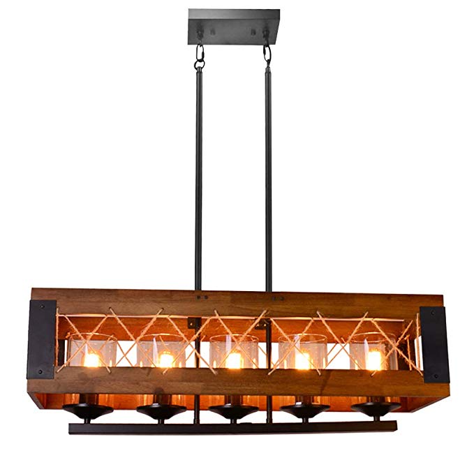 LEDMO 40" 5-Light Kitchen Island Lighting, Rustic Island Pendant Light Fixture, Wood E26 60W UL Listed(LED Bulbs Include)
