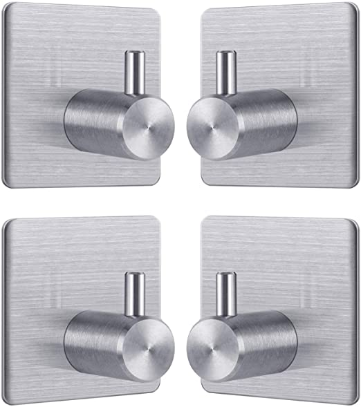 TBMax Adhesive Wall Hooks, 4 Pack Heavy Duty Stainless Steel Towel Hook for Hanging, Stick on Wall Hangers-Square