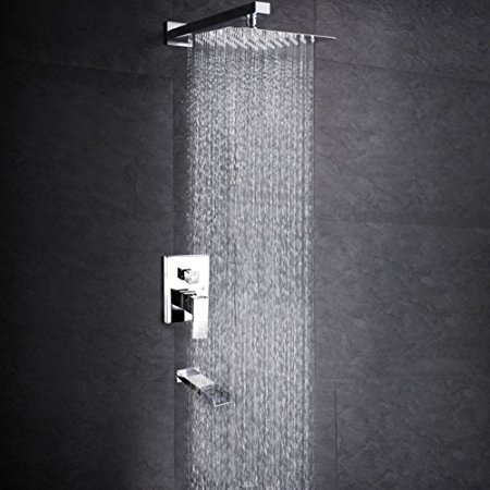 SR SUN RISE Bathroom Luxury Rain Mixer Shower Tub Spout Combo Set Wall Mounted Rainfall Shower Head System Polished Chrome (Contain Shower faucet valve body and trim)