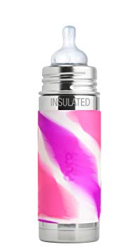 Pura Kiki 9 Oz / 260 Ml Stainless Steel Insulated Infant Bottle with Silicone Medium-Flow Nipple & Sleeve, Pink Swirl (Plastic Free, Nontoxic Certified, Bpa Free)