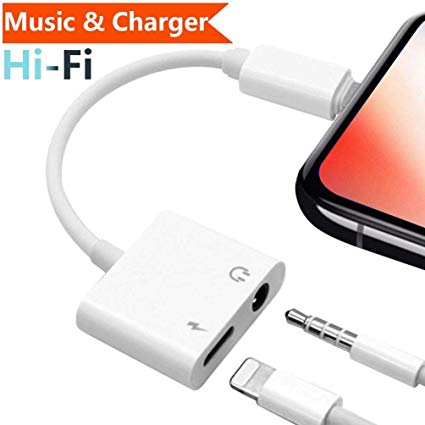 Headphones Adapter 3.5mm Aux Jack Adaptor Charger for iPhone 8/8Plus iPhone7/7Plus iPhone X/10 iPhone Xs/Xr, 2 in 1 Earphone Audio Connector Music Splitter Cable Accessories, Suppor IOS11-12 -White