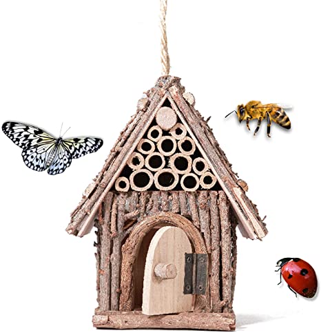 kathson Wooden Insect Hotel Hanging Bee House Outdoor Insects Habitat Mason Bees Hive Kit for Butterfly,Ladybirds,Leaf Cutter,Lacewings,Beneficial Bug Decorative