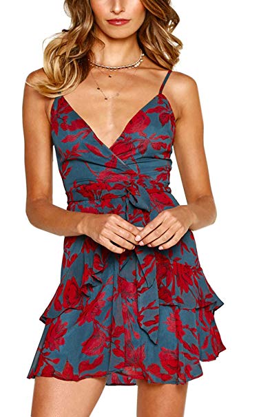 Angashion Women's V Neck Spaghetti Straps Floral Print Mini Dress Sexy Sleeveless Tie Waist Maxi Sundress