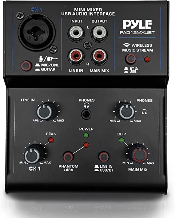 Professional Wireless DJ Audio Mixer - 2-Channel Bluetooth DJ Controller Sound Mixer w/ USB Audio Interface, RCA In, Combo Jack XLR 6.35mm Microphone/Line/Guitar In, Headphone Jack - Pyle PAD12MXUBT