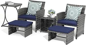 OC Orange-Casual 6 Piece Patio Furniture Conversation Set with Ottoman, Outdoor Grey Wicker Chair and Table Set, Balcony Furniture for Apartments, Navy Blue