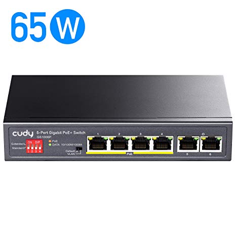 Cudy GS1006P 6-Port Gigabit Ethernet PoE  Unmanaged Plug and Play Switch, 65 W, 4 10/100/1000 Mbps PoE  Ports, CCTV and VLAN Mode, 328 feet Long Distance on CCTV Mode, 802.3af, 802.3at