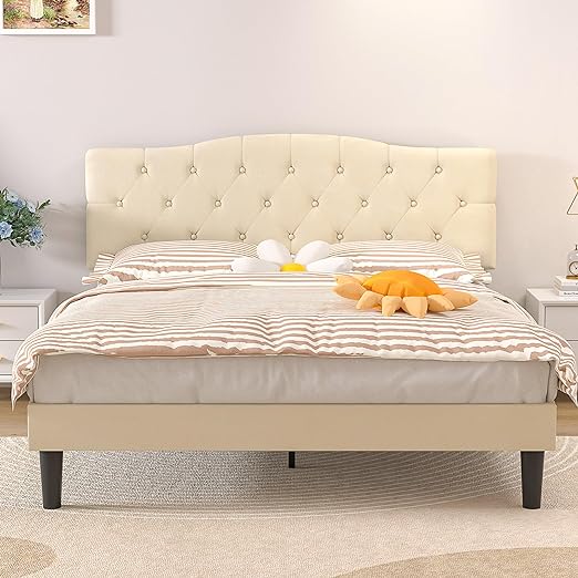 VECELO Full Size Bed Frame Upholstered Platform with Tufted Adjustable Headboard/Mattress Foundation with Wood Slat Support, Easy Assembly,Beige