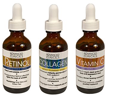 Advanced Clinicals Complete Skin Care Set with Anti-Aging Retinol Serum, Plumping Collagen Serum, and Vitamin C Serum for wrinkles, dark spots, and uneven skin tone. Three large 1.75oz bottles