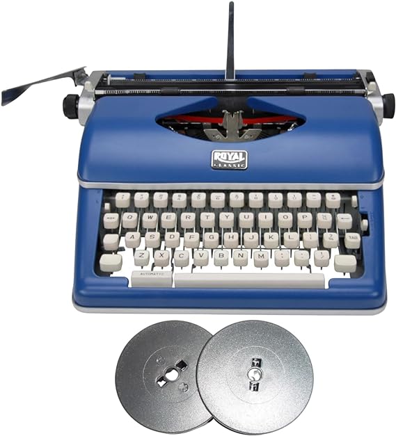 ROYAL Consumer Retro Manual Typewriter - Vintage Classic Blue Design - Typing Machine - Vintage Style for Writers and Collectors Bundle with Nylon Typewriter Ribbon (2 Items)