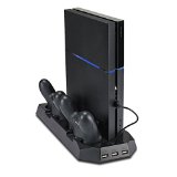PS4 Cooler PECHAM PlayStation 4 Console Vertical Stand Cooling Fan Charging Station Dual Micro USB Charger Ports for DualShock 4 Controllers and PS4 Charger Docking Station HUB Charger Ports