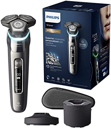 Philips Shaver Series 9000 with Skin IQ Technology, Wet & Dry Electric Shaver with Pressure Guard Sensor, Dual Steel Precision Blades on 360-D Flexing heads, S9987/55, Dark Chrome