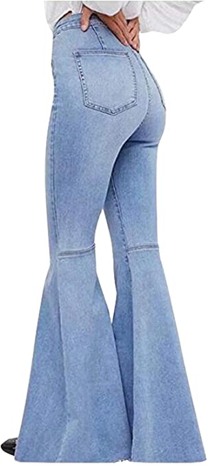 Women's Fashion Bell Bottom Pants High Waist Tassel Stretch Curvy Fit Jeans Blue