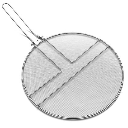 AONAN 13" Stainless Steel Splatter Screen with Fine Mesh and Resting Feet - High Quality Food Safe Heavy Duty Grease Guard Splash Shield for Pots and Frying Pans with Hinged Folding Handle