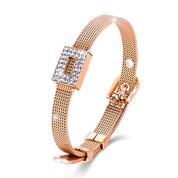 Menton Ezil 7" Belt Shape Luxury Milanese Mesh Woven Rope Chain Gold Tone Swarovski Crystal Bangle Bracelets Buckle Clasp
