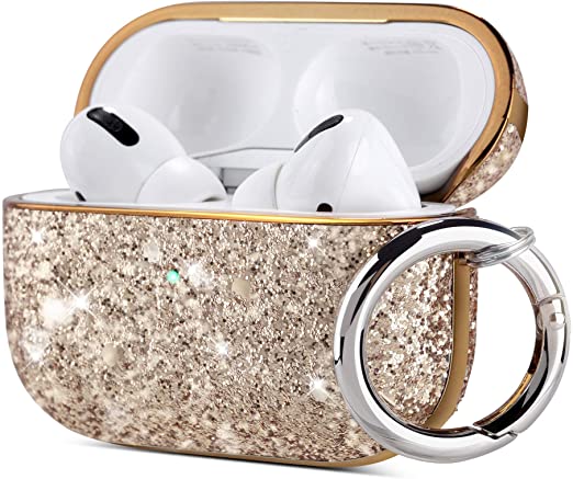 ULAK AirPods Pro Case, Luxury Glitter Leather with Mirror Surface Plating Hard Cover,Shockproof Protective AirPod Accessories with Keychain for Apple AirPod Pro 2019 (LED Visible), Gold Glitter