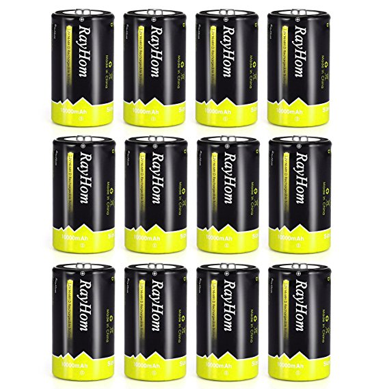 RayHom D Batteries Rechargeable 10,000mAh Ni-MH High Capacity Battery (12 Pack)