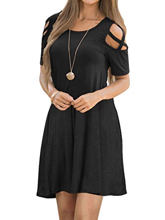 EZBELLE Women's Cold Shoulder Dresses with Pockets Loose Strappy T Shirt Swing Dress