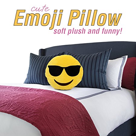 Emoji Cute Pillow Cool Sunglasses Face - Yellow Stuffed Soft Plush Funny and Very Comfortable Set of All Collection - Perfect Fun Item for All Ages - House, Living Room, Sleep Bedroom 14" (35cm)