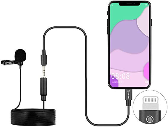 Lavalier Lightning Microphone, BOYA BY-M2 Universal Lapel Mic with Lightning Plug Adapter Compatible with iPhone 11 10 X 8 7 MAC iPad YouTube Video Facebook Live (20ft)