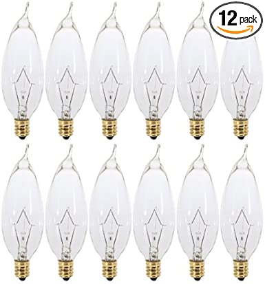 (Pack of 12) 25CFC - 25 Watt Clear Candelabra Base (E12) Flame Tip 120V Decorative Dimmable Chandelier Lights Bulbs