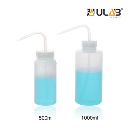 ULAB Safety Wash Bottle Set, Wide-Mouth, 2 Sizes Vol. 500ml 1000ml, LDPE Bottle with PP Draw Tube, UWB1015