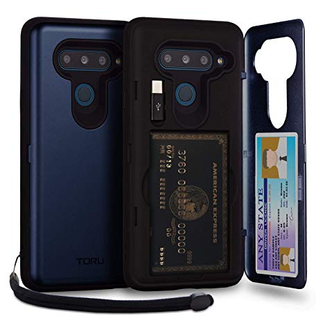 TORU CX PRO LG V40 ThinQ Wallet Case Blue with Hidden Credit Card Holder ID Slot Hard Cover, Strap, Mirror & USB Adapter for LG V40 / LG V40 ThinQ (2018) - Navy Blue