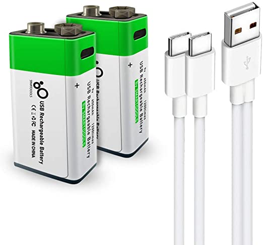 USB 9V Lithium ion Rechargeable Battery, High Capacity 650mAh Rechargeable 9V Battery, 1.5 H Fast Charge, 1200 Cycle with Type C Port Cable, 2-Pack