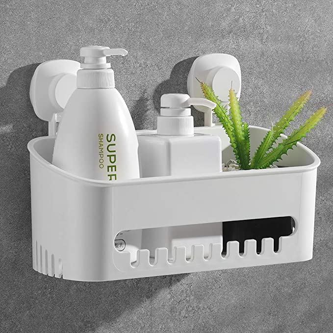 Luxear Shower Caddy Suction Cup, Drill-Free Removable Plastic Shower Caddy Wall Mounted Shelf with Hooks, Storage Basket Organizer for Kitchen, Bathroom, Bedroom etc - White