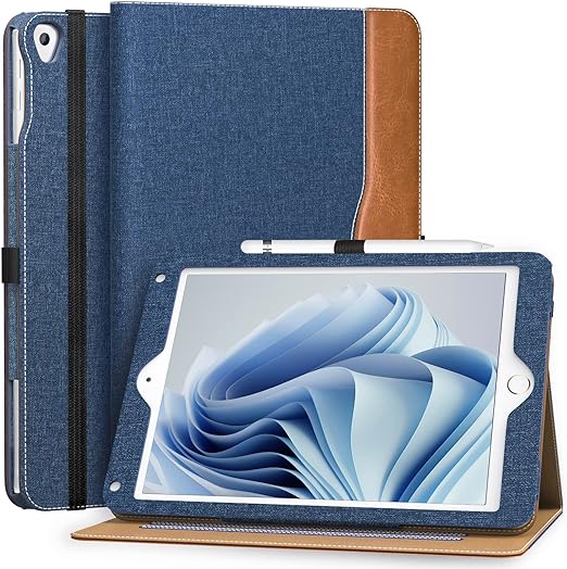 MoKo Case for iPad 6th/5th Generation (2018/2017 Model), iPad Air 2 / iPad Air 1 / iPad Pro 9.7 2016 with Pencil Holder, Multi-Angle Viewing, PU Leather Stand Folio Cover, Auto Wake/Sleep, Blue/Brown