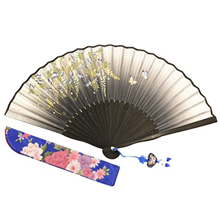 Wise Bird Chinese Japanese Folding Hand Fan, Fashion Accessories Vintage Retro Style 8" Bamboo/Wood/Sandalwood Fan, Silk Pocket Purse Fan, Wedding Favors, Home Decor with Sleeve/Embroidery Tassel-F406