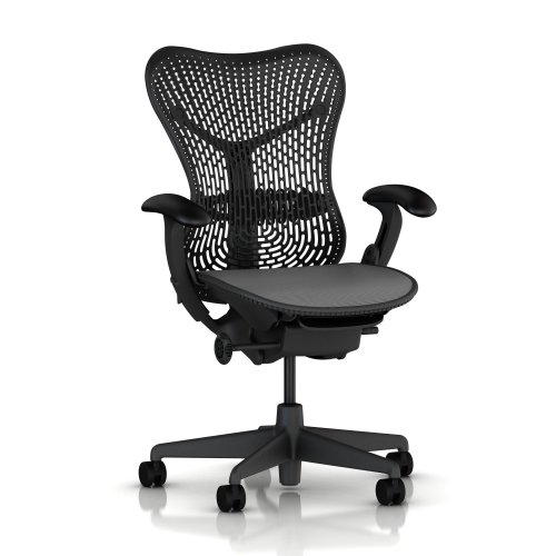 Mirra Chair by Herman Miller Fully Featured - Adjustable Arms - FlexFront Seat - Tilt Limiter - Lumbar Support - Standard Carpet Casters - Graphite FrameGraphite Seat