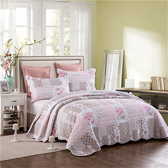 100% Cotton Shabby Chic Pink Floral Queen Quilt Bedding Set for Girls Women,Finely Stitched Lightweight 1 Bedspread 2 Pillowcases