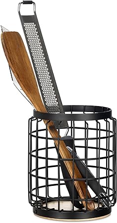 Navaris Kitchen Utensil Holder - Modern Metal and Wood Utensils Pot Organiser for Kitchen Countertop Cooking Accessories Cutlery Spatula Wooden Spoon