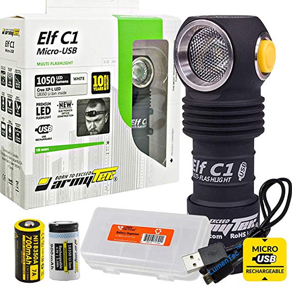 ArmyTek Elf C1 Micro-USB Rechargeable 1050 Lumens Magnetic Tailcap Multi-Use Headlamp, LumenTac USB Cable and Battery Organizer