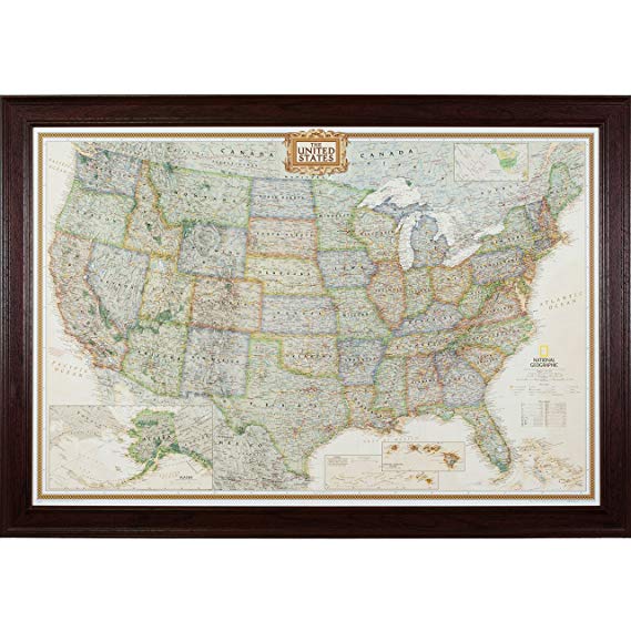 Craig Frames Wayfarer, Executive United States Push Pin Travel Map, Mahogany Red Frame and Pins, 24 by 36-Inch